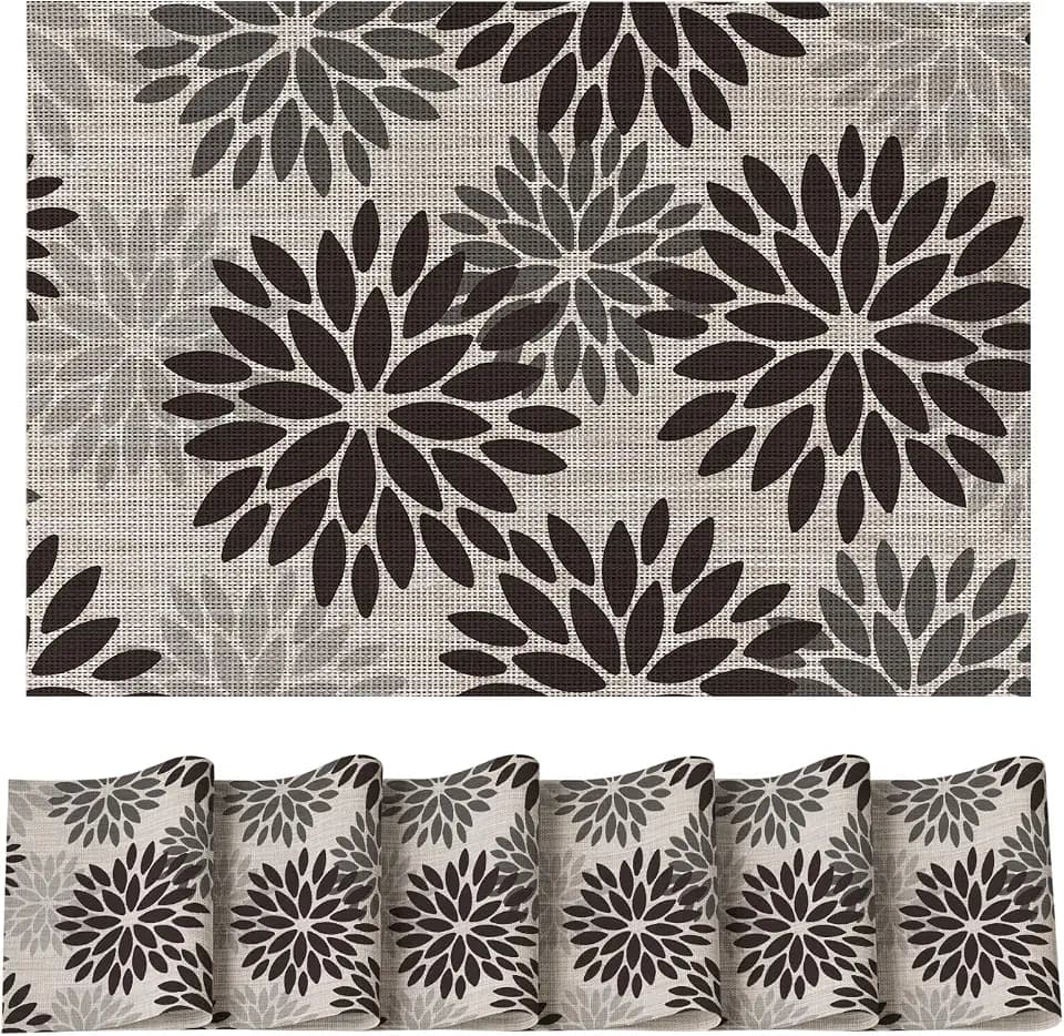 Artoid Mode Floral Vinyl Placemats Set of 6, Heat Resistant Washable Non-Slip Plastic PVC Halloween Place Mats for Party Kitchen Dining Decor, Black
