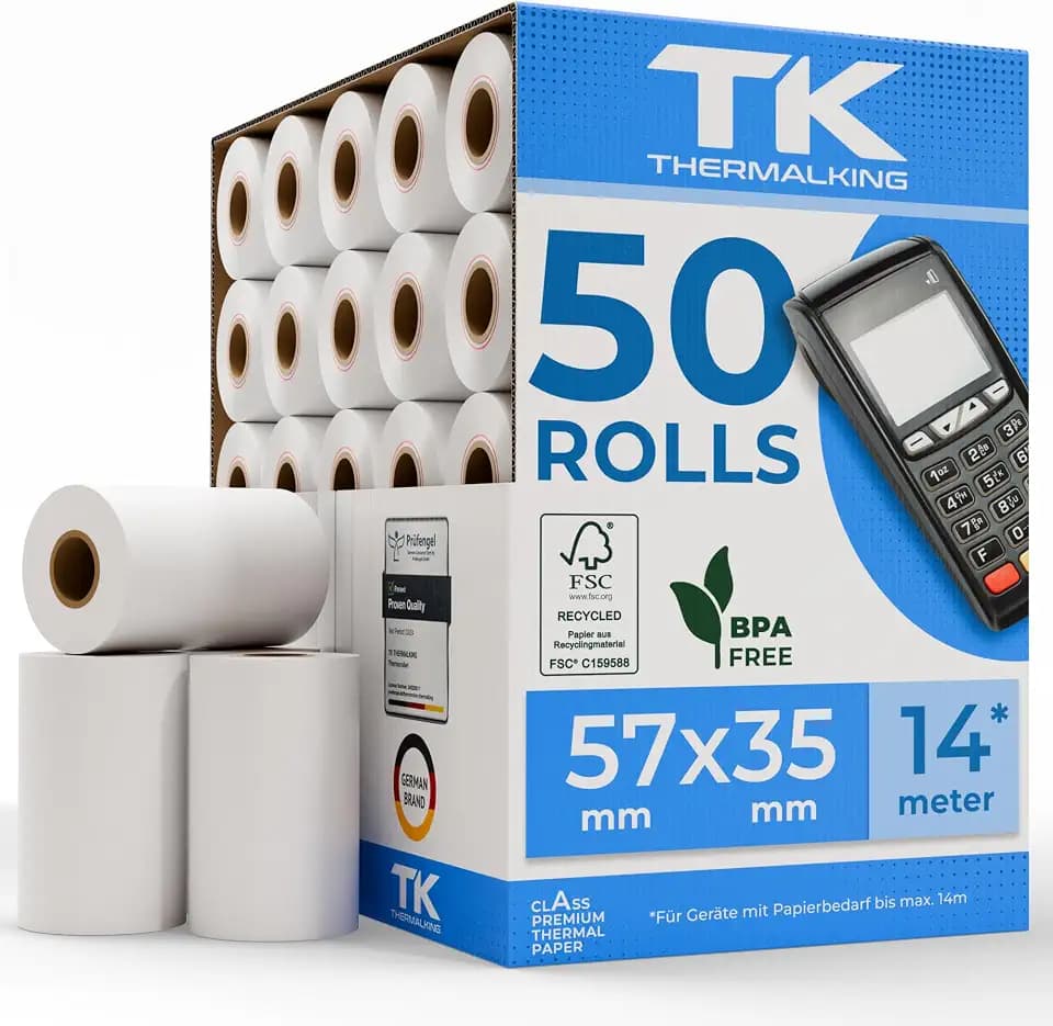 THERMALKING EC Cash Rollen Thermopapier 57mm x 35mm x 12mm - Thermorollen 57x35x12 für EC & Kredit-Kartenlesegeräte - Thermal Rolls for EC Device - Für Systeme bis 14m Papierbedarf (50 Stk)