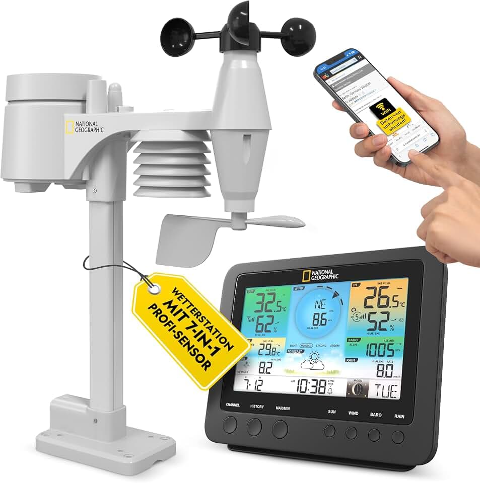 National Geographic Wetterstation Funk mit Aussensensor WLAN Farbwettercenter mit 7-in-1 Profi-Sensor für Wind, Luftfeuchtigkeit, Temperatur, Niederschlag, UV-Level und Lichtintensität, LED, Schwarz