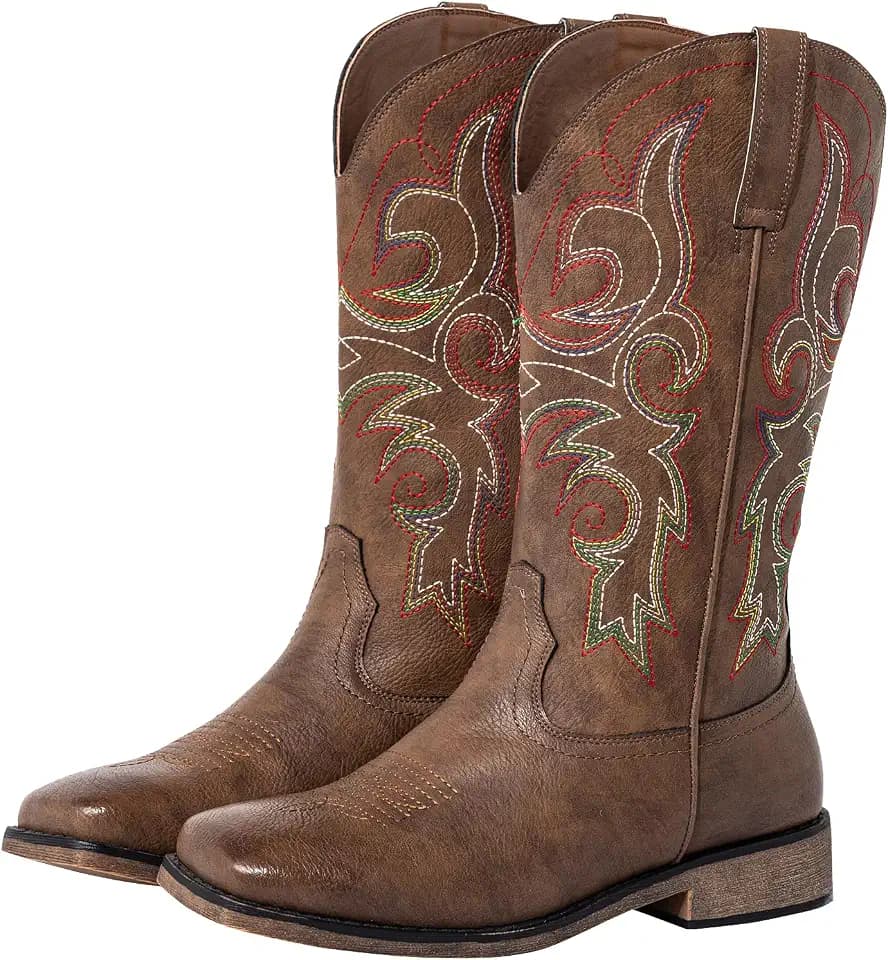 SheSole Wide Calf Cowboy Boots Women Square Toe Western Embroidered Mid Calf Cowgirl Boots, Pull On & Padded Insole Low Heel Fashion Boots for Country Concerts & Work Casual Everyday Style