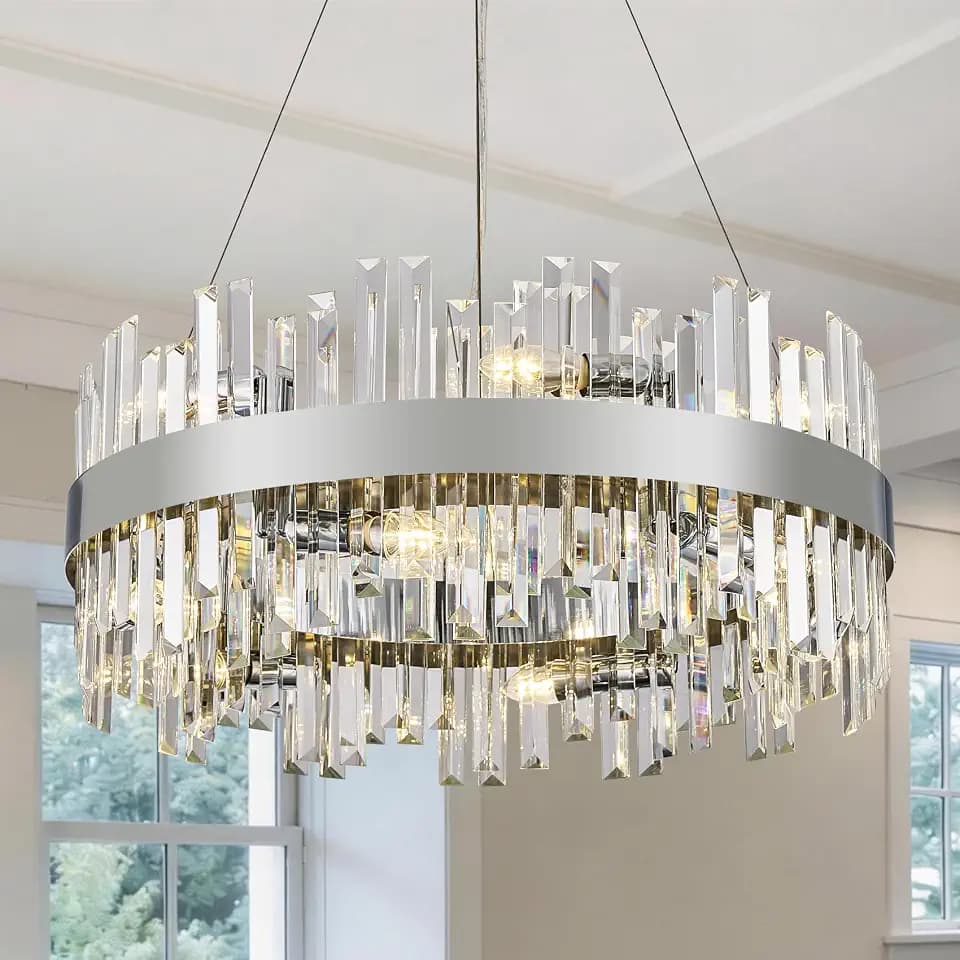 24'' Modern Chrome Crystal Chandeliers for Dining Room,2 Tiers 12 Lights Raindrop Round Chandelier Adjustable Height,Luxury Dimmable Pendant Ceiling Light for Living Room Kitchen Island Foyer