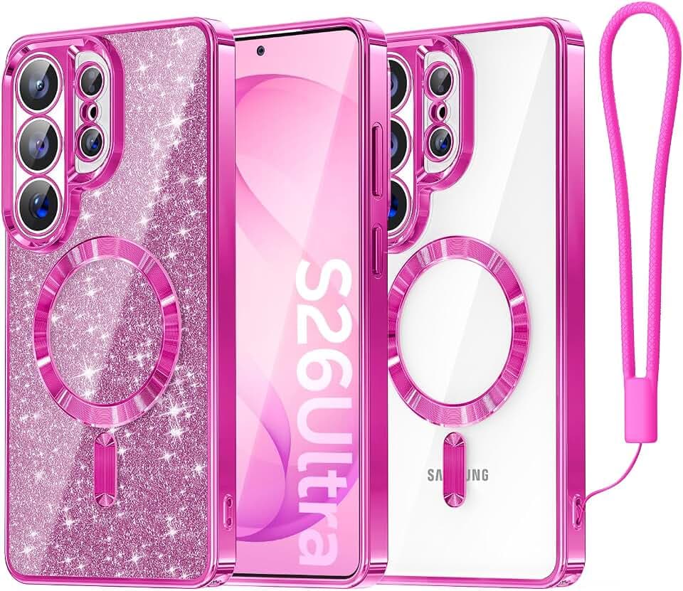 Meifigno Magnetic Case Designed for Samsung Galaxy S26 Ultra 6.9", [Compatible with MagSafe] [Removable Glitter Card & Wrist Strap], Surround Lens Protection Case for Galaxy S26 Ultra, Hot Pink