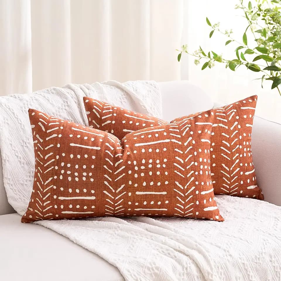 Decorative Throw Pillow Covers Brick Red Farmhouse Lumbar Cushion Covers Boho Rectangular 12X20 Stripe Burnt Orange Pillowcase Set of 2 for Sofa Bed Bedroom Living Room Office Home Decor