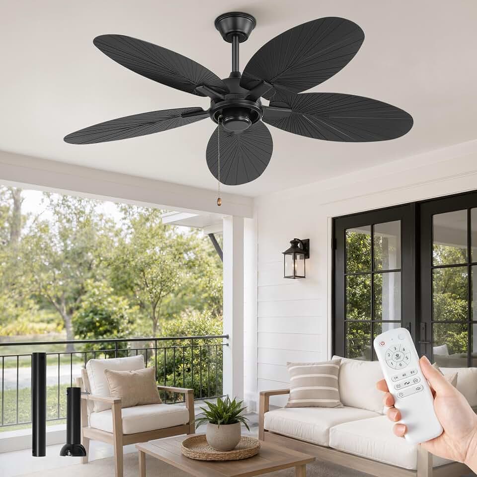 Fanbulous 52" Outdoor Tropical Leaf Ceiling Fan No Light, Remote Pull Chain
