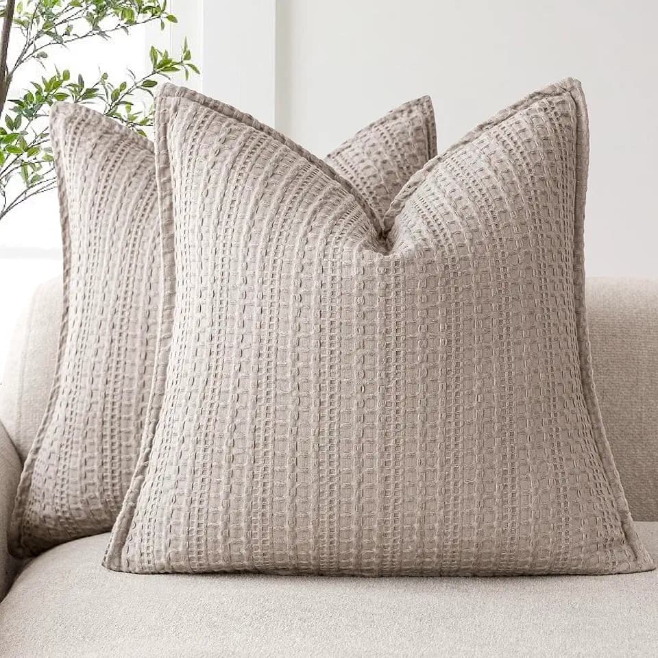 Foindtower Set of 2 Decorative Cotton Waffle Weave Throw Pillow Covers Euro Shams Cushion Covers Accent European Pillowcase for Bed Couch Sofa Bedroom Living Room Home Decor 18×18 Inch Tan Beige
