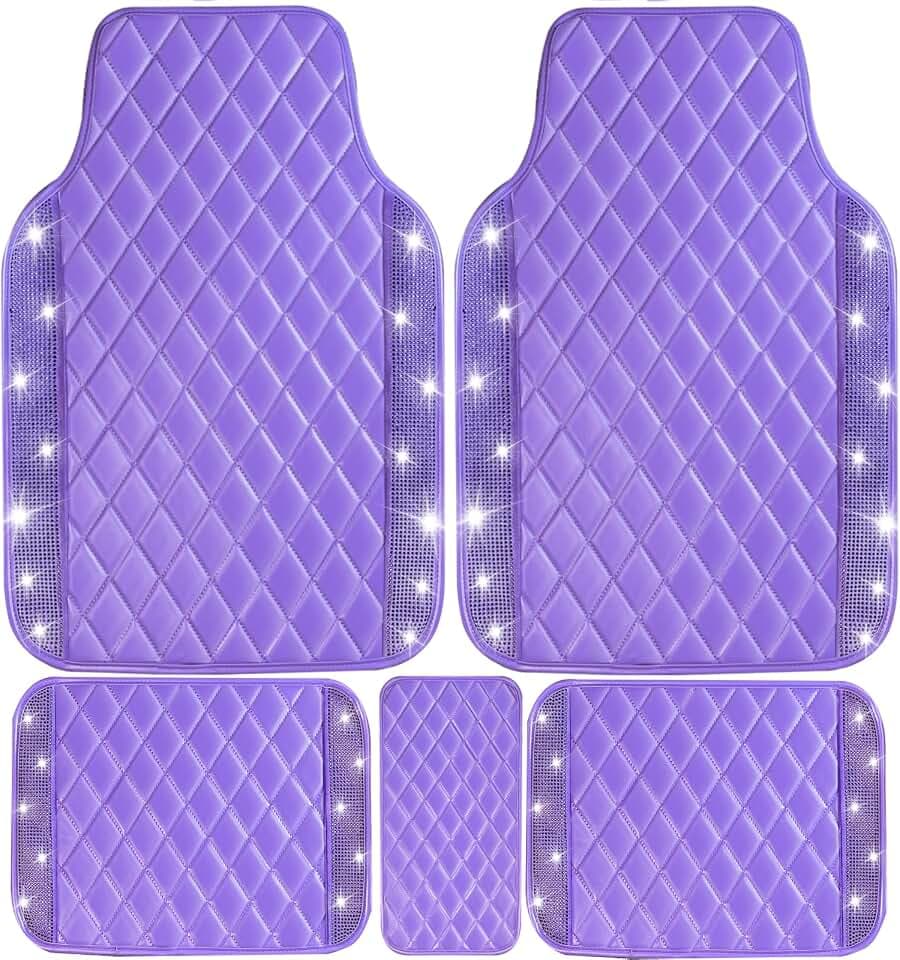 NBTEPEM Bling Leather Car Floor Mats Full Set, Sparkly Diamond Car Mats Universal Fit Most Automotive, Glitter Rhinestone Carpet Waterproof Anti-Slip (Purple Leather Diamond)