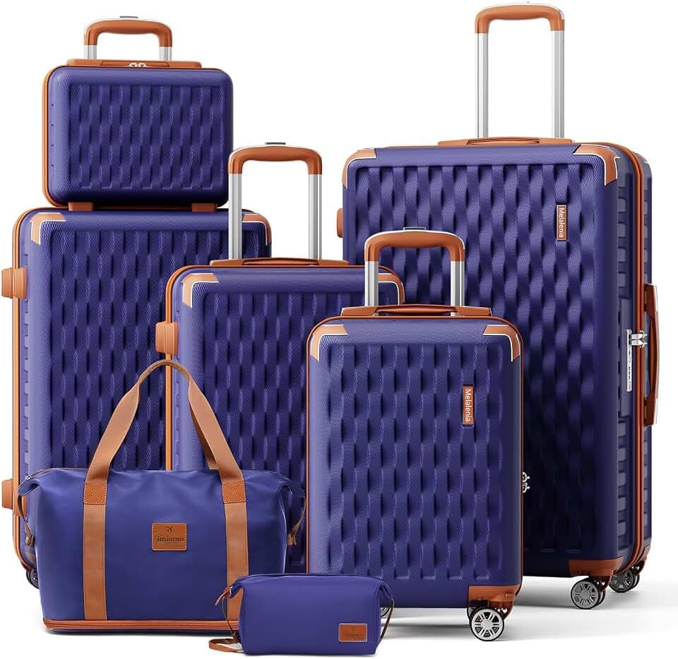 Melalenia Luggage Sets 7 Piece Hard Shell Carry on Suitcase with Spinner Wheels and TSA Lock, Lightweight Travel Duffel Bag for Women, Men, Navy Brown