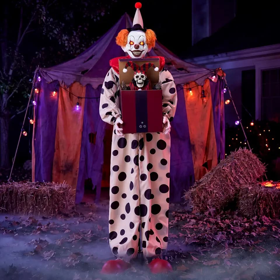 JOYIN 67" Halloween Animatronic Clown with Pop-Up Box, Halloween Decor Outdoor Motion Activated Jump Scare Prop, Glowing LED Eyes Creepy Sound, Scary Haunted House Props for Garden Yard Lawn Party