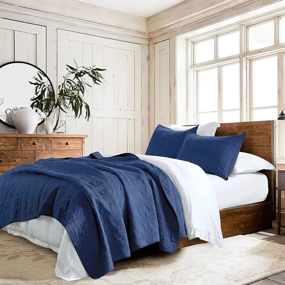 HORIMOTE HOME 100% Cotton Quilt Set King Size, Navy Blue Pre-Washed 3-Piece Bedspread Coverlet Set, Cozy Lightweight Stitching Bedding Cover with 2 Shams in Geometric Pattern for All Season