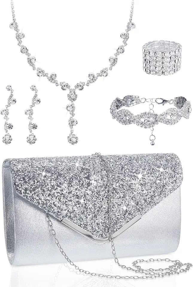 Henoyso 5 Pcs Jewelry Set, Rhinestone Clutch Purse for Prom