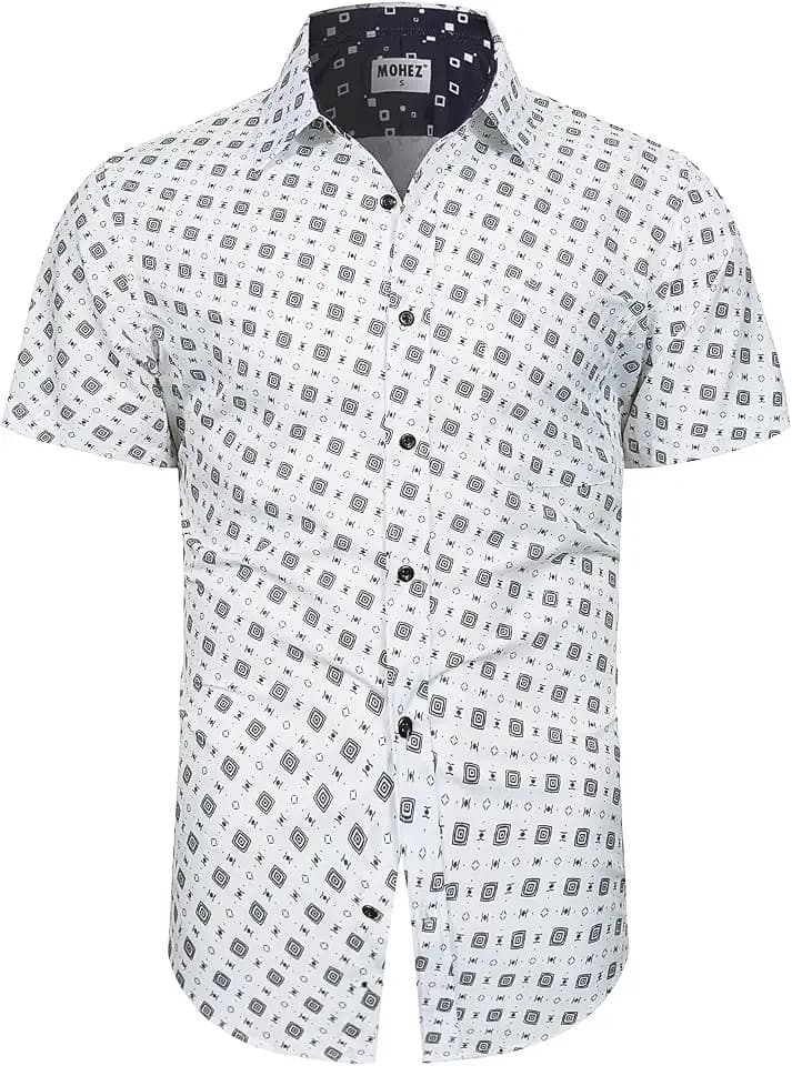 Men’s Short Sleeve Button Down Shirts Wrinkle Free Casual Vacation Tops Geometric Print Summer Beach Shirt with Pocket