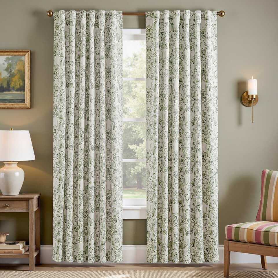 jinchan Green Floral Blackout Curtains 84 Inch Farmhouse Back Tab 2 Panels