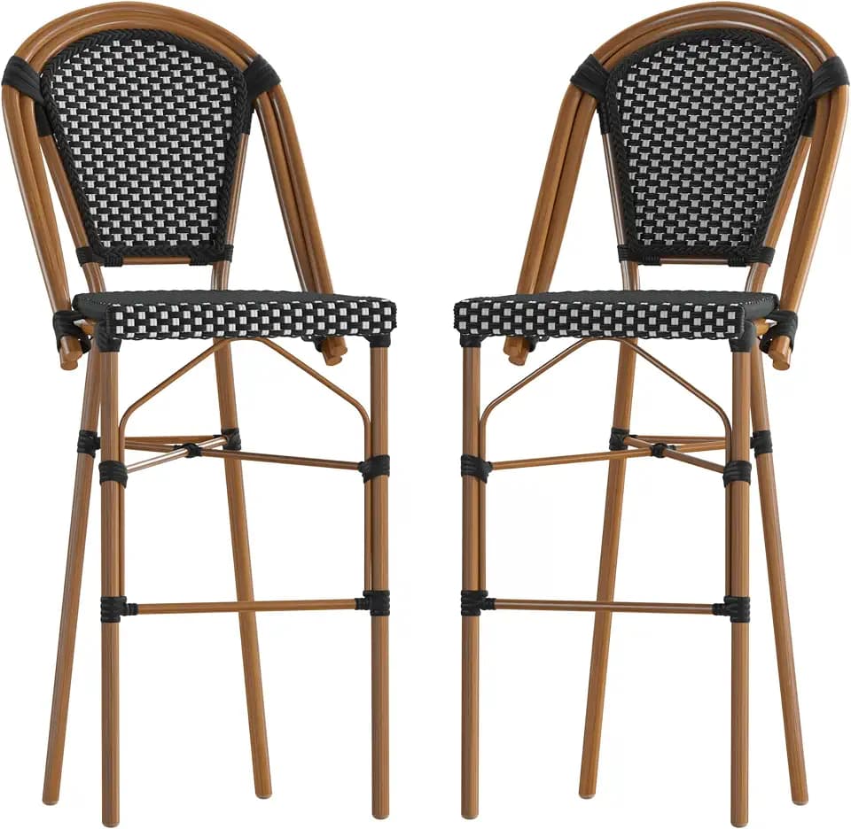 Taylor & Logan Nadia Indoor/Outdoor Stackable Bistro Bar Stools in Black/White PE Rattan with Bamboo Print Frame, Set of 2