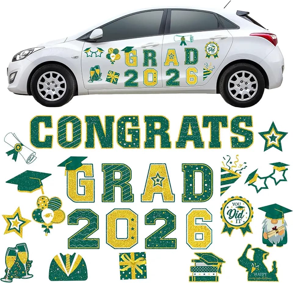 Landhoow 30 Pcs Graduation Car Magnets 2026 Senior Graduation Car Decoration Bumper Sticker Congrats Grad Magnet Magnetic Refrigerator Decal for Grad Parade Party Supplies(Green, Gold)