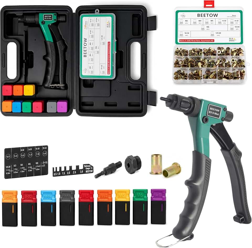 BEETOW 8-Inch Rivet Nut Tool Kit, 9 Mandrels, 100+ Rivet Nuts