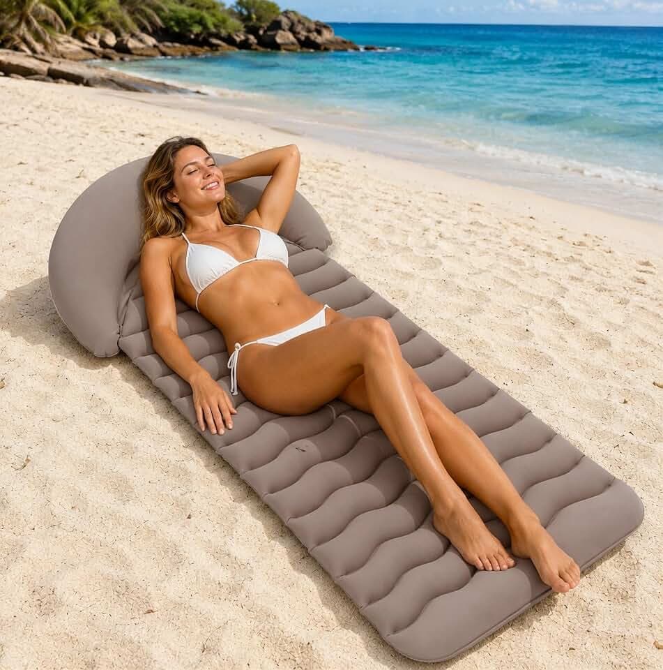 Inflatable Beach Mat with Built-in Headrest, 70 x 30 Inch Flocked PVC Beach Lounger & Pool Float, Portable Inflatable Tanning Mat for Beach, Pool, Camping, Patio and Outdoor Relaxation