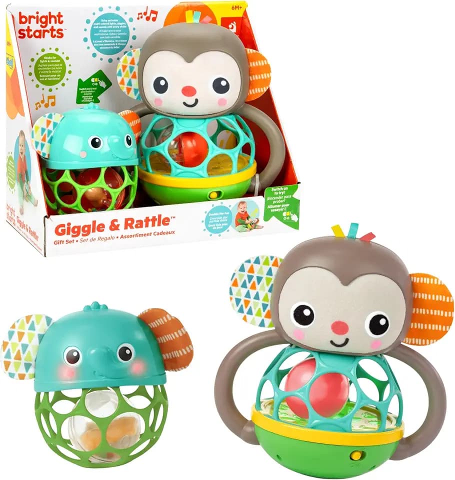 Bright Starts Giggle & Rattle Gift Set - Musical & Sensory Baby Toys 2-Pack, Elephant & Monkey, Unisex, Newborn+