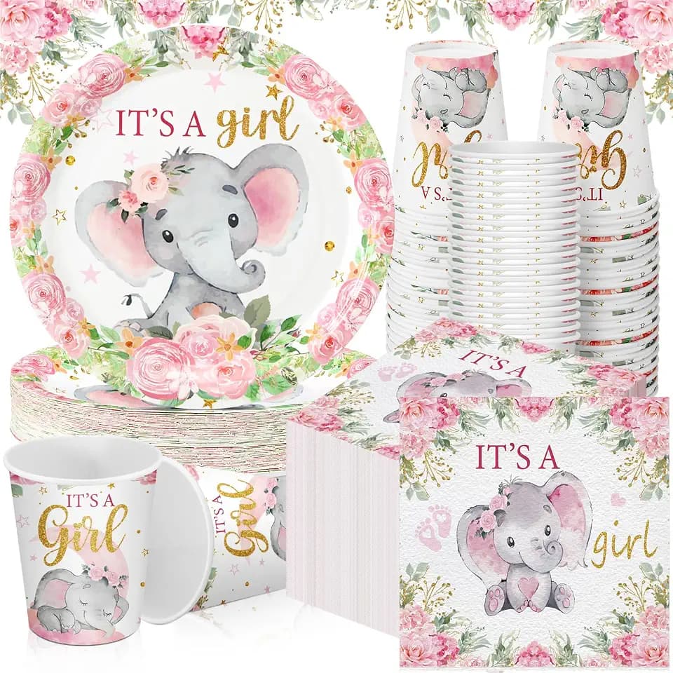 Hushee 200Pcs Pink Elephant Theme Baby Shower Decors Party Tableware Supply