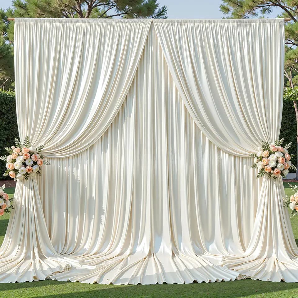 Ivory Satin Backdrop Curtains for Parties, 4 Panels 5FTx12FT Wrinkle Free Glitter Background Photo Backdrop Drapes for Wedding Birthday Photography Back Drop Cloth Holiday Festival Decor