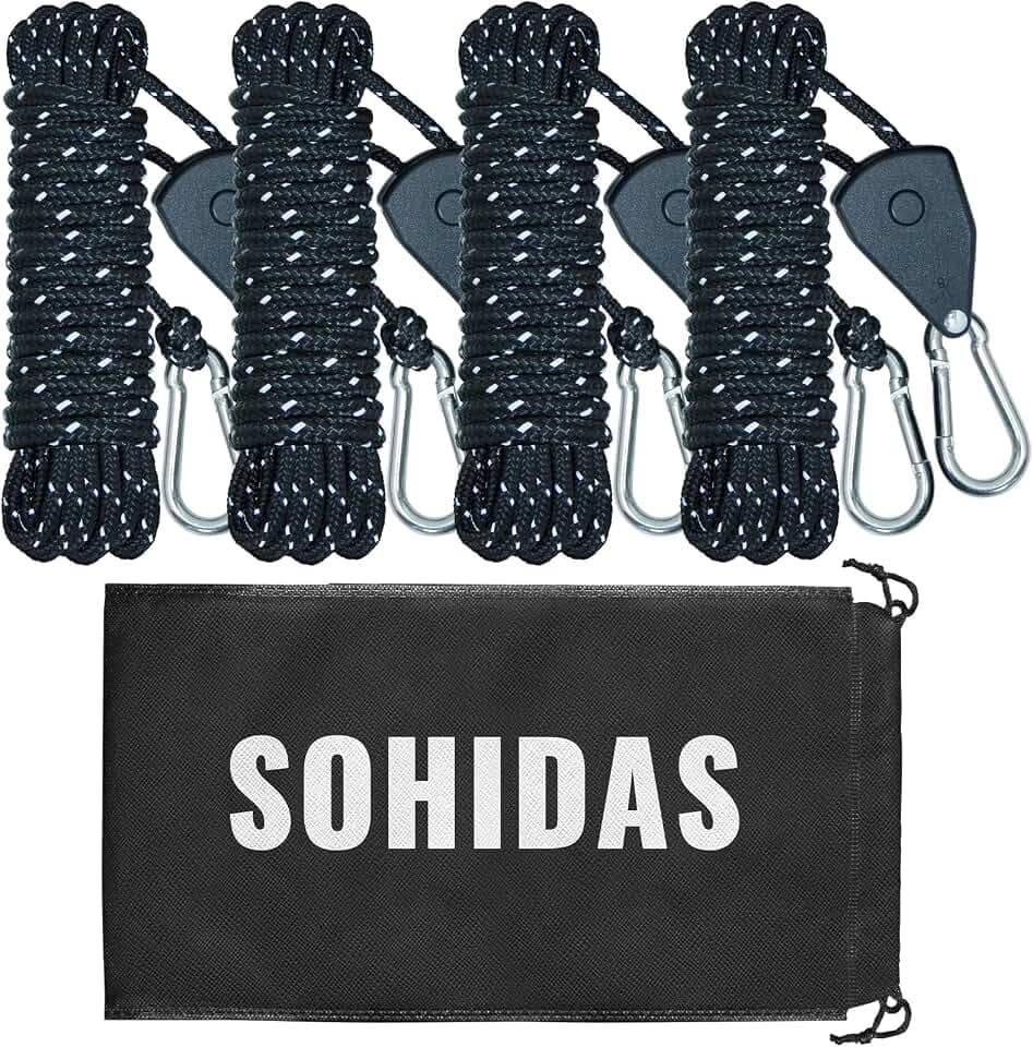 Camping Rope Reflective Tent Rope Guyline with Ratchet Pulley, Tarp Tie Down Ropes for Tent Tarp, Canopy Shelter, Camping, 13ft Adjustable Guy Line for Canopy Tent 4 Pack Guy Lines Tents Cords