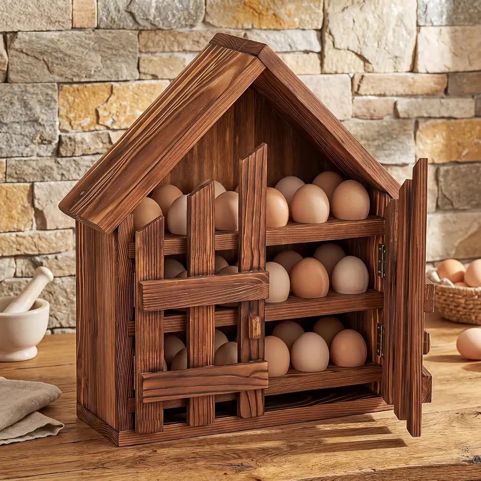 Remerry Wooden House Egg Holder Countertop,36 Hole,with Door,Brown