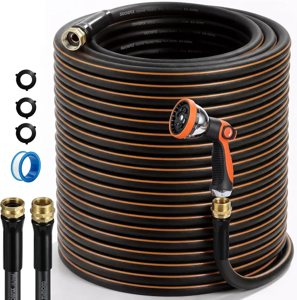 Garden Hose 100ft 5/8 Inch Heavy Duty All-Weather Flexible with Anti-Kink Swivel Connectors 550 PSI Leakproof Brass Fittings and 10-Mode Spray Nozzle