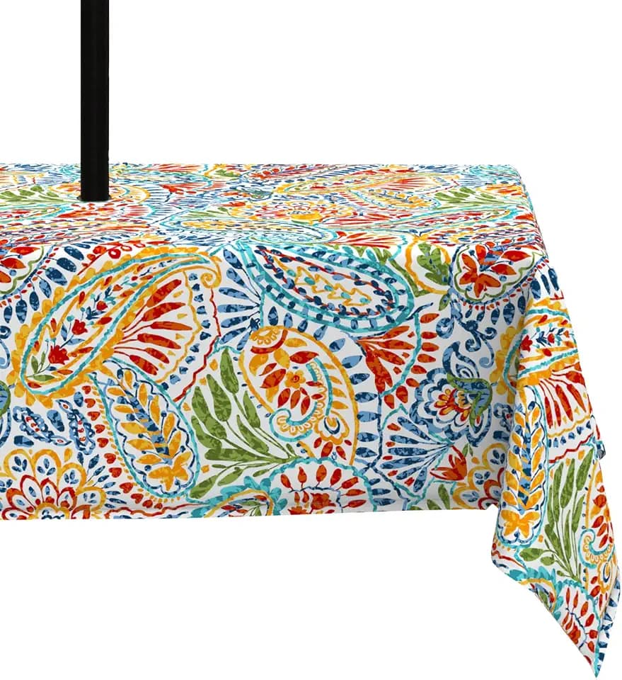 LVTXIII Outdoor Rectangle Tablecloth, Decorative Water-Repellent and Fade Resistant Table Covers with Umbrella Hole, Patio Table Cloth with Zipper for Oblong Table Use, 60×84 Inch, Paisley Multi