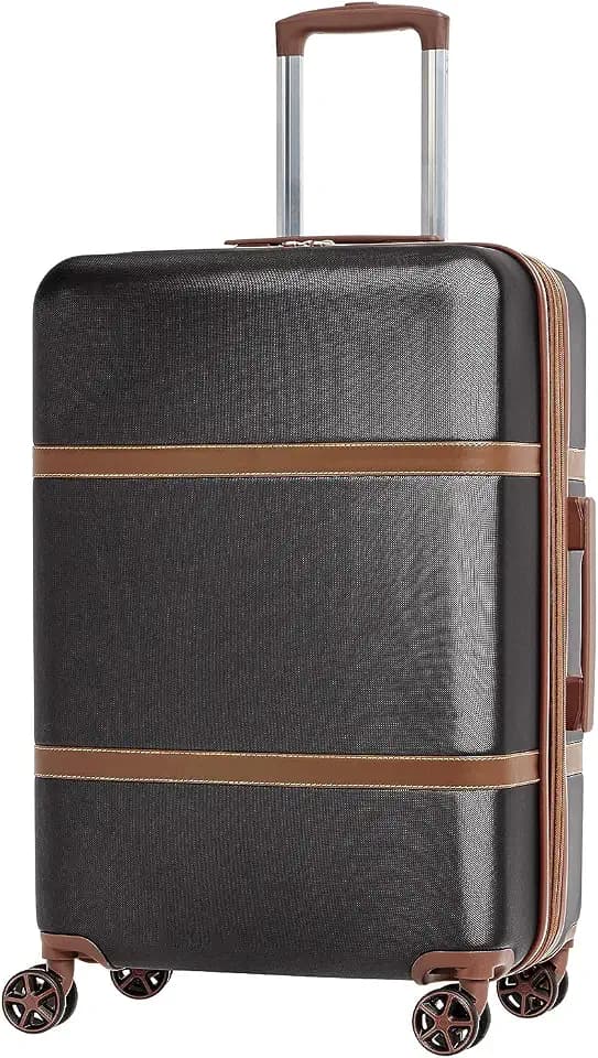 Amazon Basics 24-inch Hardside Checked Luggage With Leather Detailing, Expandable Spinner Suitcase With 4 double Wheels, Scratch-Resistant Surface, Black
