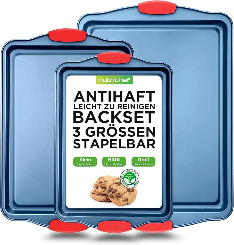 NiutriChef Backblech, Backofenblech 3 Stück, Kuchenblech aus Karbonstahl mit Silikongriffen, Ofenbleche für Backofen Antihaft& Stappelbar, Leicht zu Reinigen, 43.4x30cm, 38.4x25.4cm & 34x22cm, Blau
