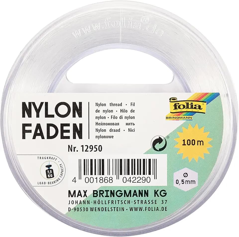folia 12950 - Nylonfaden auf Spule, ca. 0,5 mm x 100 m, Transparent, Tragkraft 7,5 kg, kaum sichtbarer Faden für Mobiles, Schmuck, zur Dekoration usw.