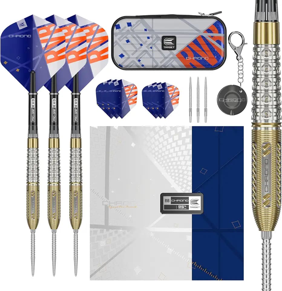 Target Darts Raymond Van Barneveld Chrono Swiss Point Steeldarts, 95% Tungsten Dart Set, 21G/23G/25G | Enthält Dart Case Takoma Wallet, Extra Dart Flights, Swiss Dart Points Dartspitzen & SP Tool