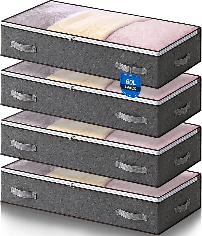 AIOR 4 Stück 60L Unterbettkommode mit Sichtfenster, Faltbare Unterbett-Aufbewahrungstasche Kleideraufbewahrung, Decken Organisator Lagerbehälter, 80x50x15cm