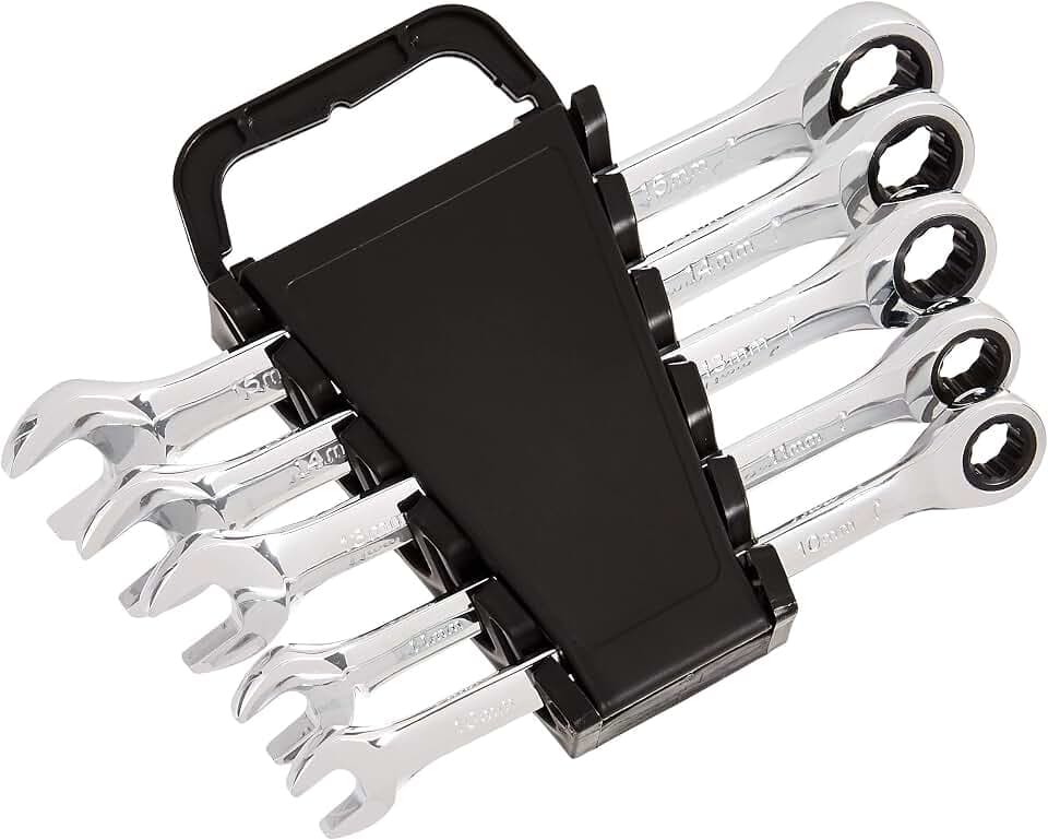 Amazon Basics Metric Ratcheting Wrench Set, 5-Piece, Chrome Vanadium Steel, 72-Tooth, 10mm, 11mm, 13mm, 14mm, 15mm, Black/Silver