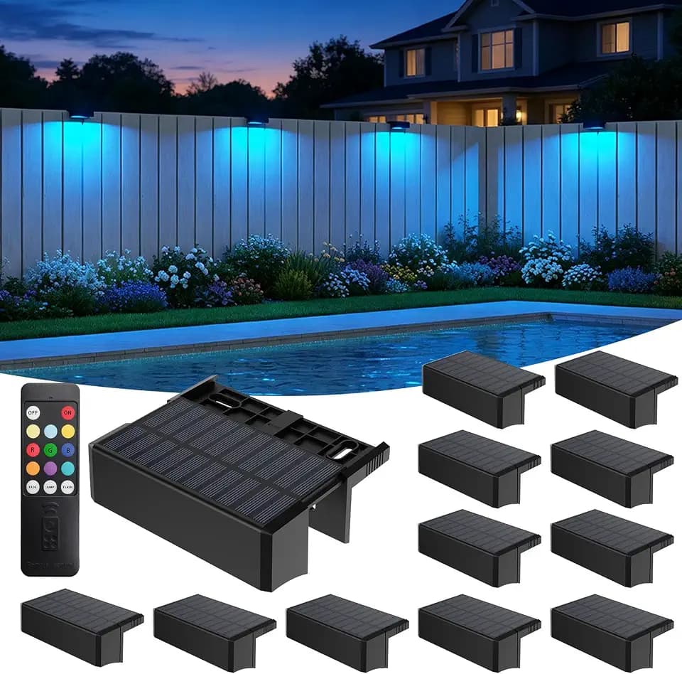 Solar Fence Lights Outdoor with Remote 12 Pack, 1300mAh RGB 9 Colors