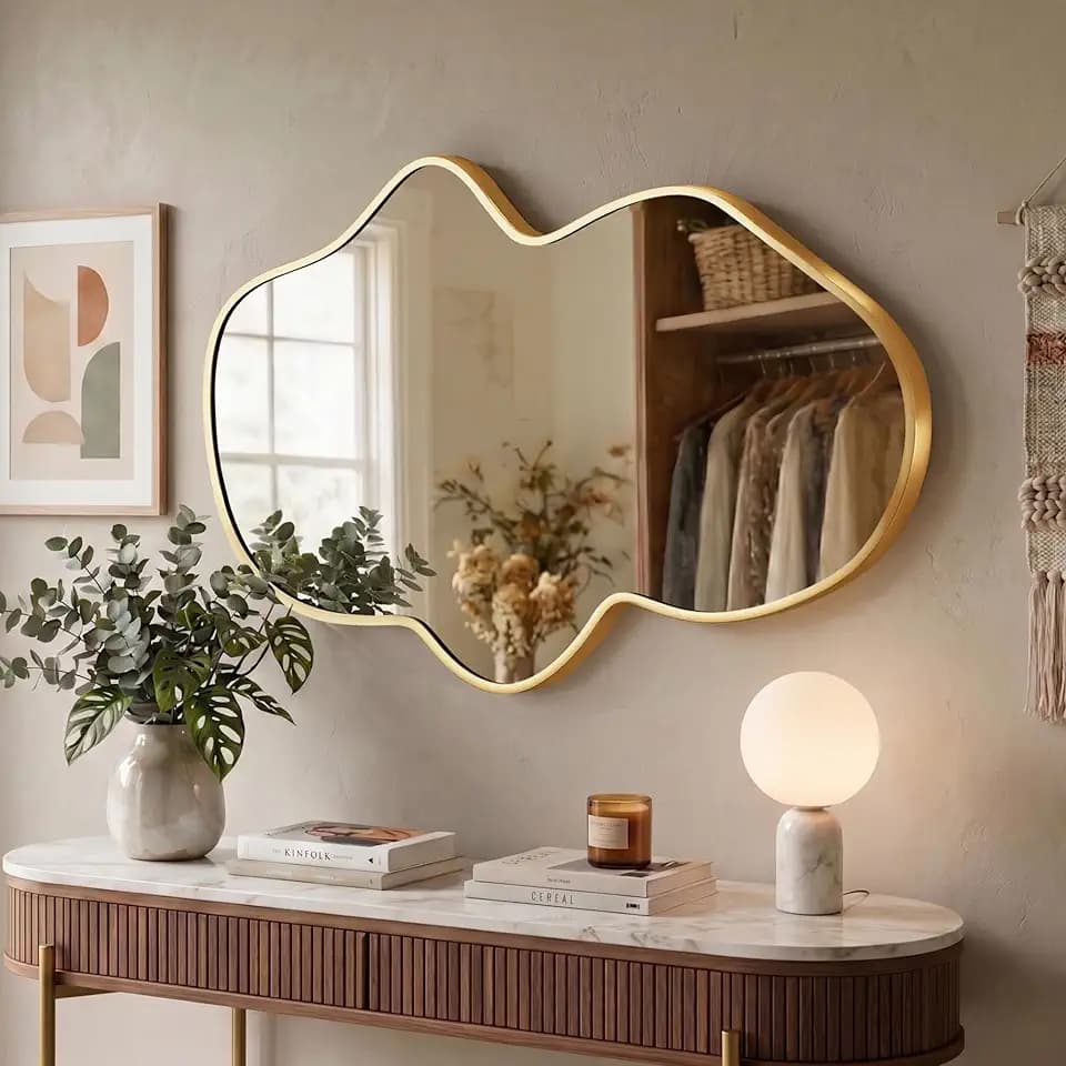 Wavy Wandspiegel, Unregelmäßiger Metallrahmenspiegel für Badezimmer, Schlafzimmer & Flur, Asymmetrischer Dekospiegel mit Sicherheitsglas