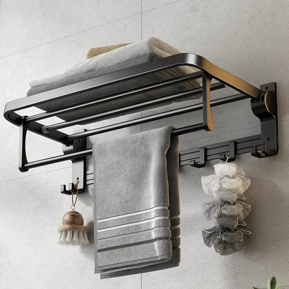 VOLPONE 24 Inch Towel Rack with Towel Bar Holder Foldable Towel Shelf with Movable Hooks Rustproof Towel Storage wall Mount for Bathroom Lavatory Matte Black