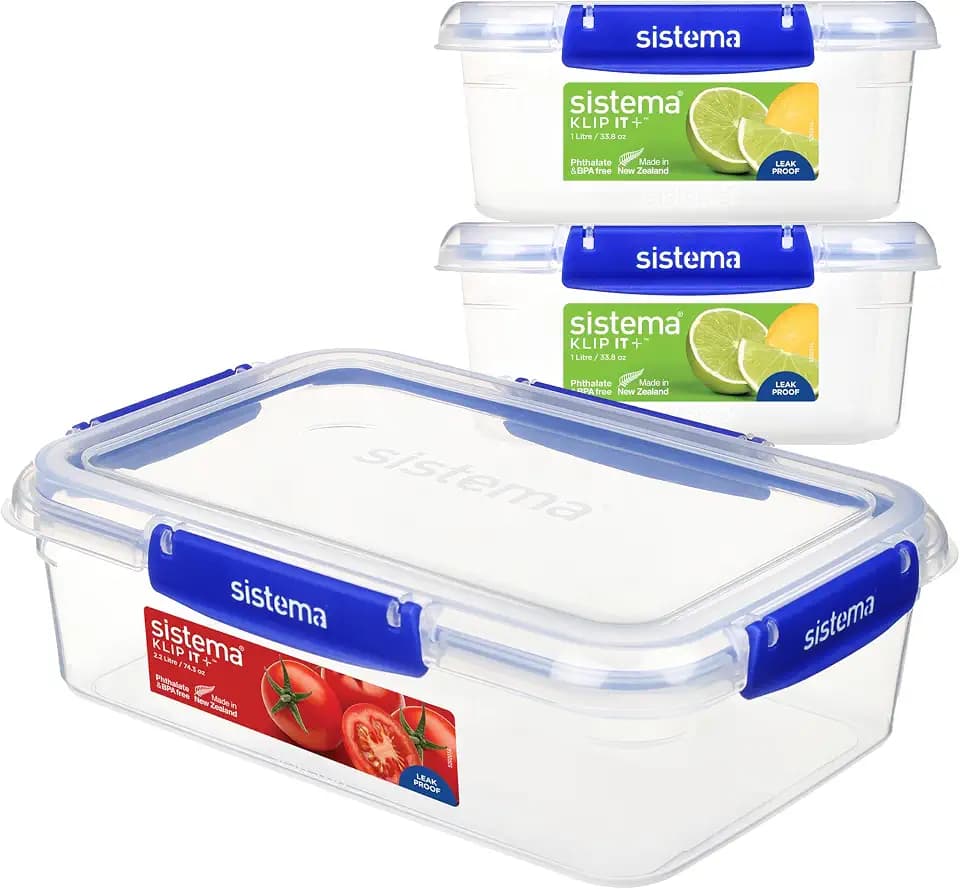 Sistema KLIP IT PLUS auslaufsichere Vorratsdosen | 2 x 1L & 2,2 L | luftdichte und stapelbare & ineinander stellbare Frischhaltedosen für Meal Prep mit Deckel | Brotdosen für Pause | 3 Stück