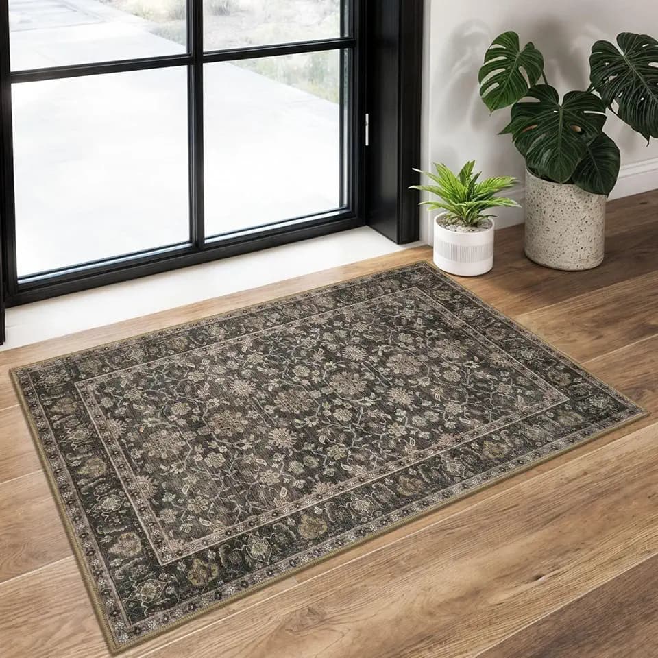 KUTA Vintage Floral Entryway Rug 2x3, Kitchen Area Rugs Brown