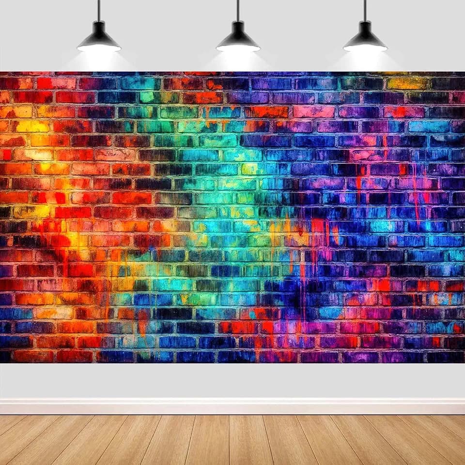 Colorful Rainbow Brick Wall Backdrop, Neon Graffiti Brick Photography Background, Urban Street Art Themed Banner for 80s 90s Hip Hop, Birthday, Graduation & Glow Party Decorations 10X8FT