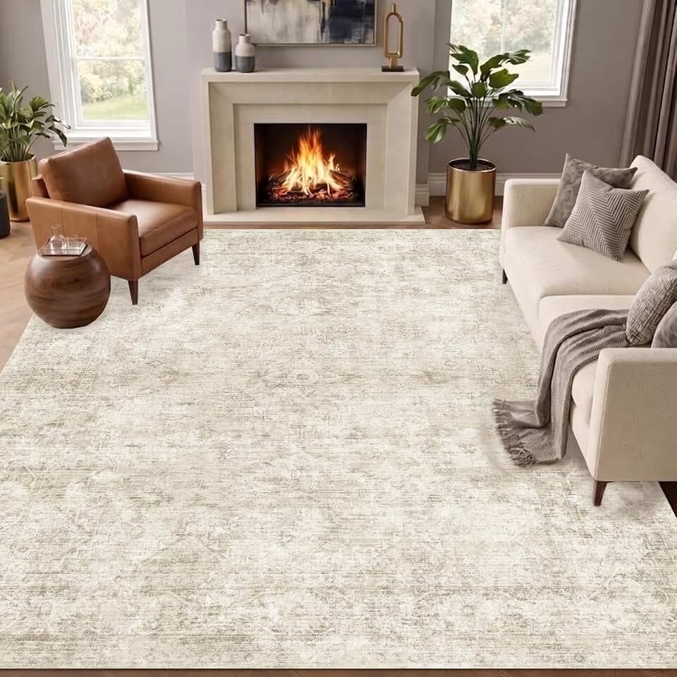 8x10 Area Rugs for Living Room, Large Vintage Machine Washable Rugs, Beige