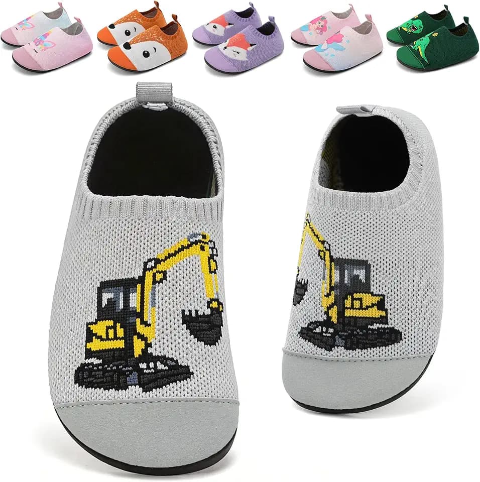 VOLHAL Hausschuhe ​Kinder Junge Barfussschuhe Pantoffeln Lauflernschuhe ​Rutschfest ​Kindergarten für Atmung saktive​ Weich Kleinkinder Schuhe ​Unisex(Bagger Grau 30EU)