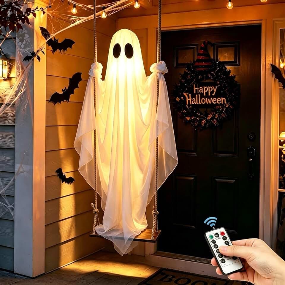 Halloween Decorations Outdoor – Hanging Swing Ghost 4-8FT, Remote Light Up
