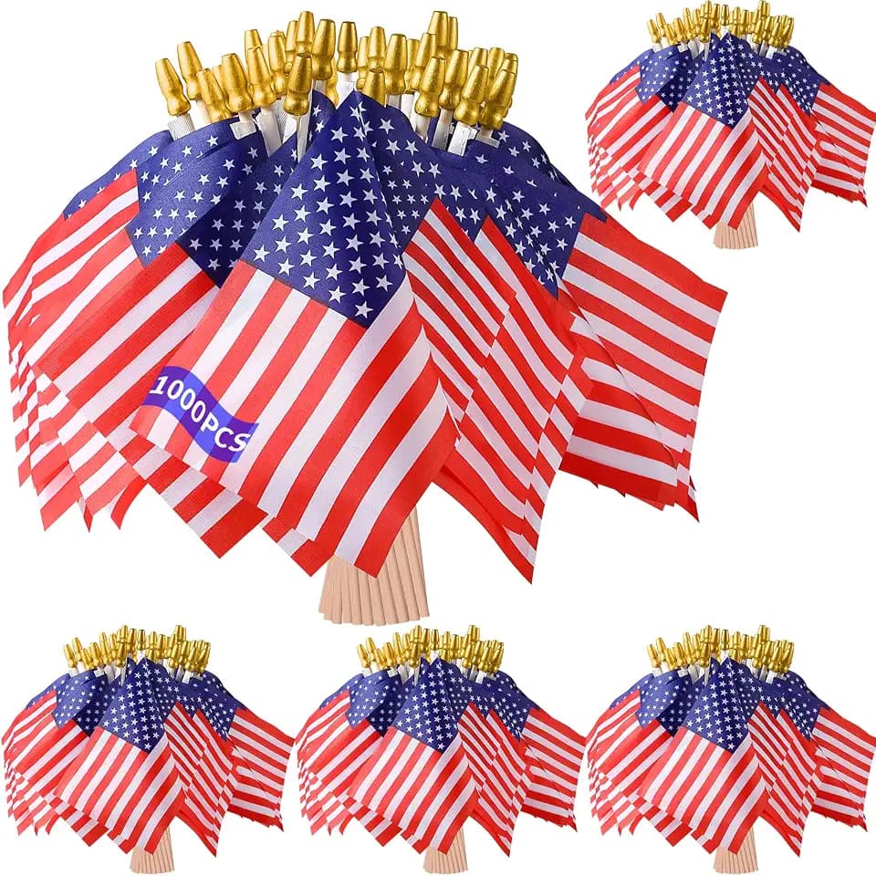 Small American Flags on Stick: 1000 Pcs 4x6 Inches US Flags Bulk Wooden Stick Handheld, Mini for Outside, Presidents Day, Veterans Day Patriotic Decoration