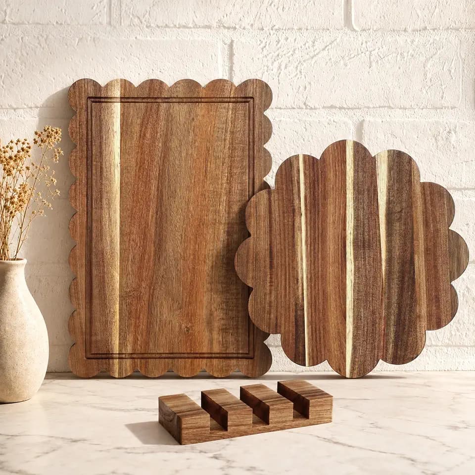 3 Pcs Acacia Wood Scalloped Decorative Cutting Boards with Holder