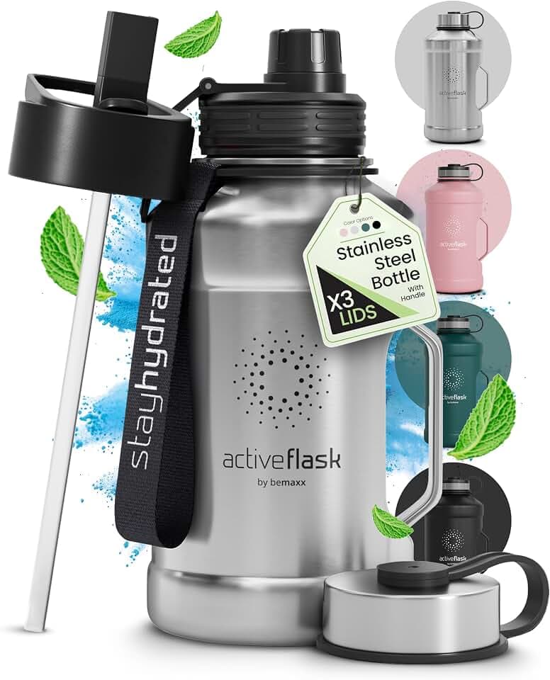 Trinkflasche Edelstahl ACTIVE FLASK + Strohhalm (3 Deckel) | Große 1,3/2,2 Liter Sportflasche BPA-frei Auslaufsicher Kohlensäure geeignet, 2l XL Wasserflasche Sport Outdoor Fitness Wasser Flasche