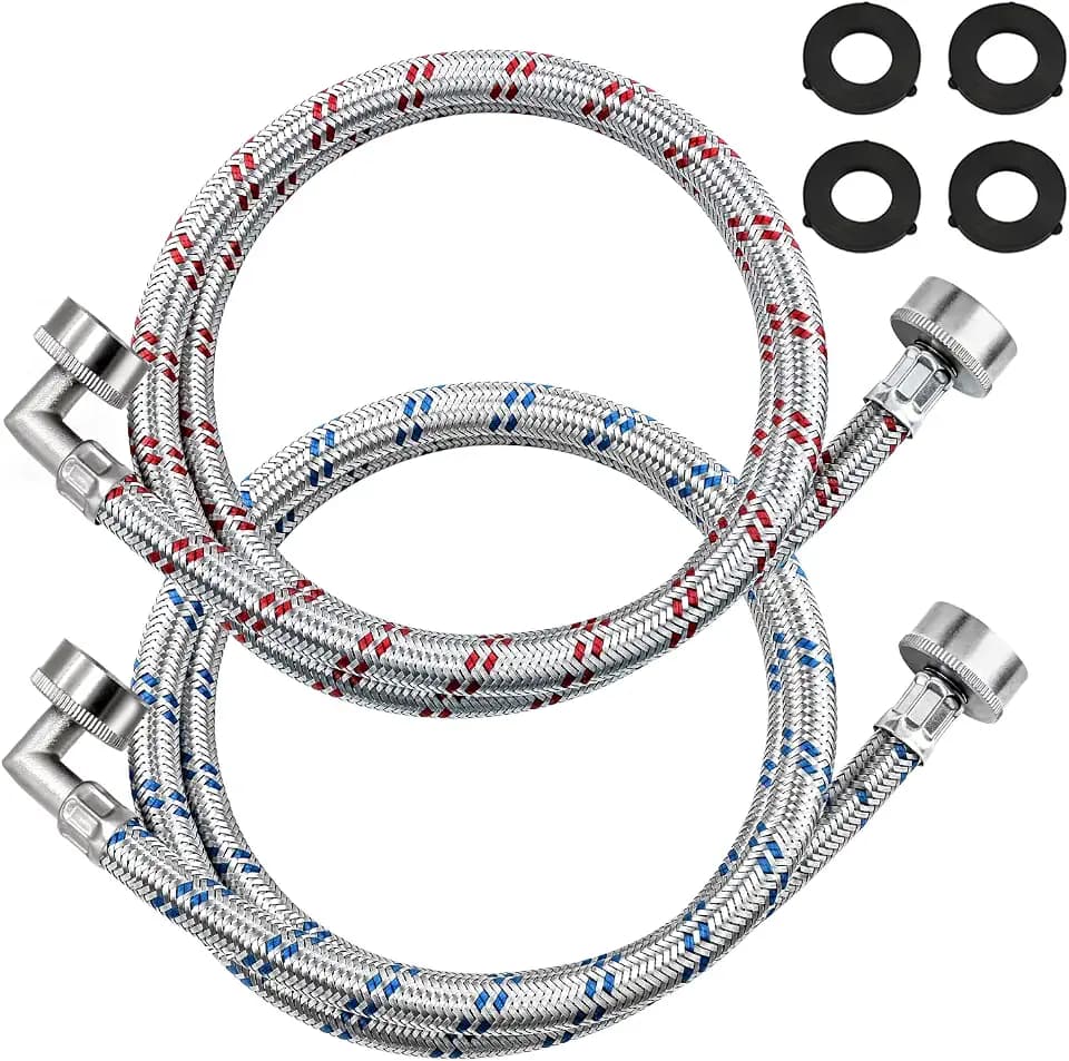 【UPGRADED】4FT Stainless Steel Washer Hoses with 90 Degree Elbows by Beaquicy - 2 Pack No-Lead Burst Proof Hot & Cold Water Connection Inlet Washer Supply Lines