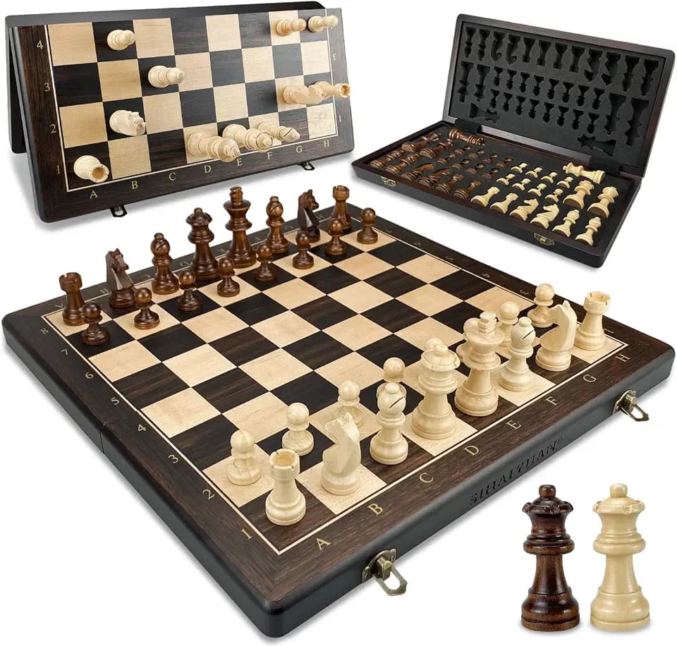 Schachspiel Holz Magnetisch – Faltbares Schachbrett 39 cm, Hochwertiges Wooden Chess Board mit 34 Staunton Figuren inkl. Extra Damen, Tragbares Schachspiel für Erwachsene & Kinder