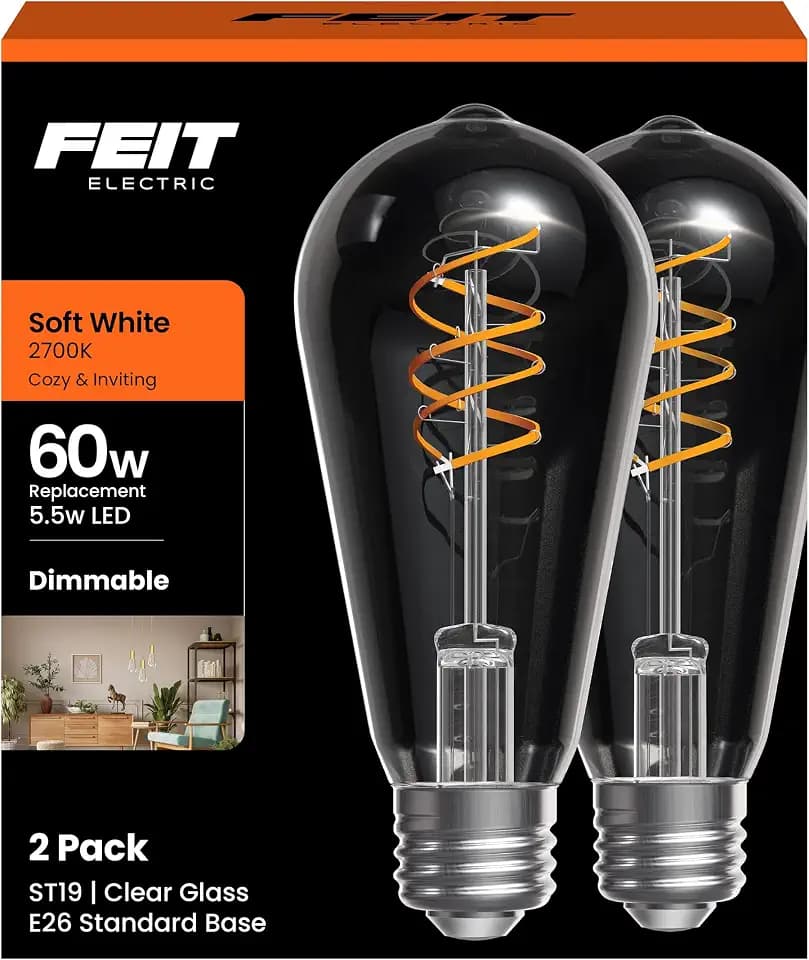 Feit Electric ST19 Vintage LED Light Bulb, 60W Equivalent, Soft White 2700K, Dimmable, Spiral Filament, Decorative Glass, E26 Base, Ideal for Home or Commercial Use, ST1960S2D/927CAFIL/2, 2 Pack