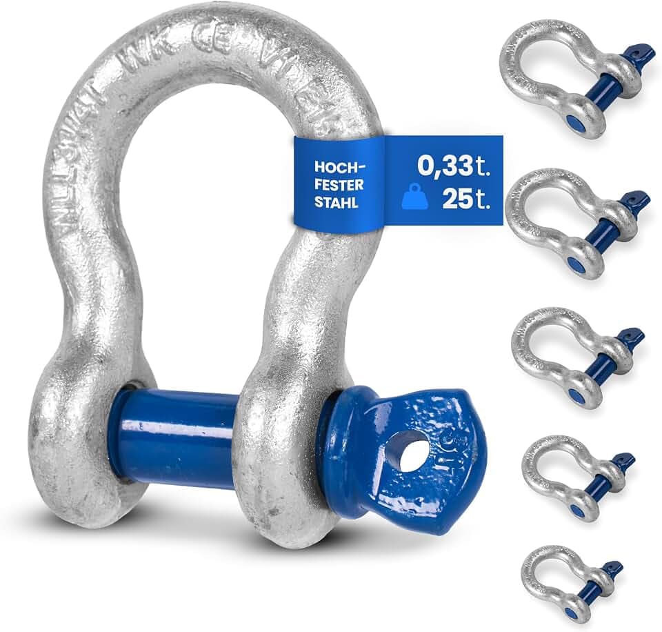 Schäkel geschweift mit Augbolzen – 1t Tragkraft – 5 Stück – Stahl feuerverzinkt, korrosionsbeständig – Bolzen Ø 11mm – zertifiziert & hochbelastbar – Größe & Menge wählbar – 0,33t bis 25t (1t,5x)