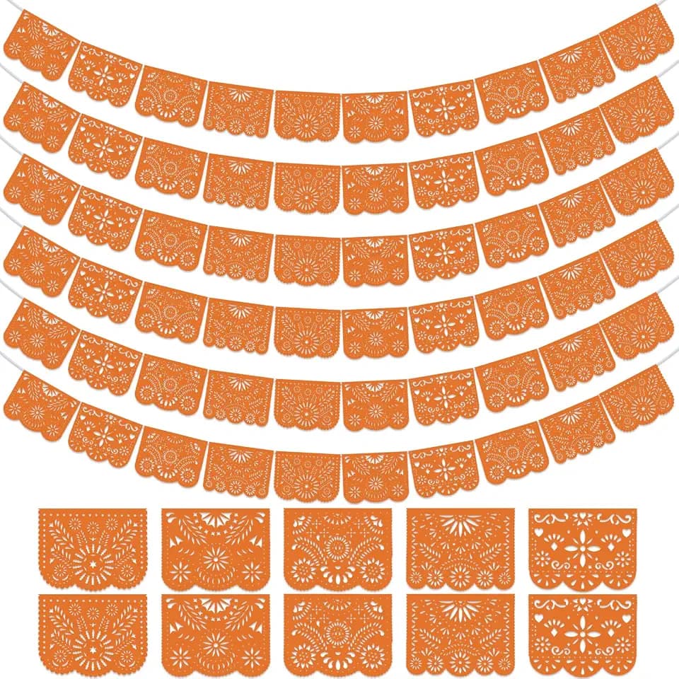 Oudain 5 Pack Orange Papel Picado (17 Feet Long Per Pack), Cielito Lindo Party Decoration Cinco De Mayo Decor Plastic Mexican Banner for Fiesta Birthday Wedding Baby Shower Decoration, 5 Pattern